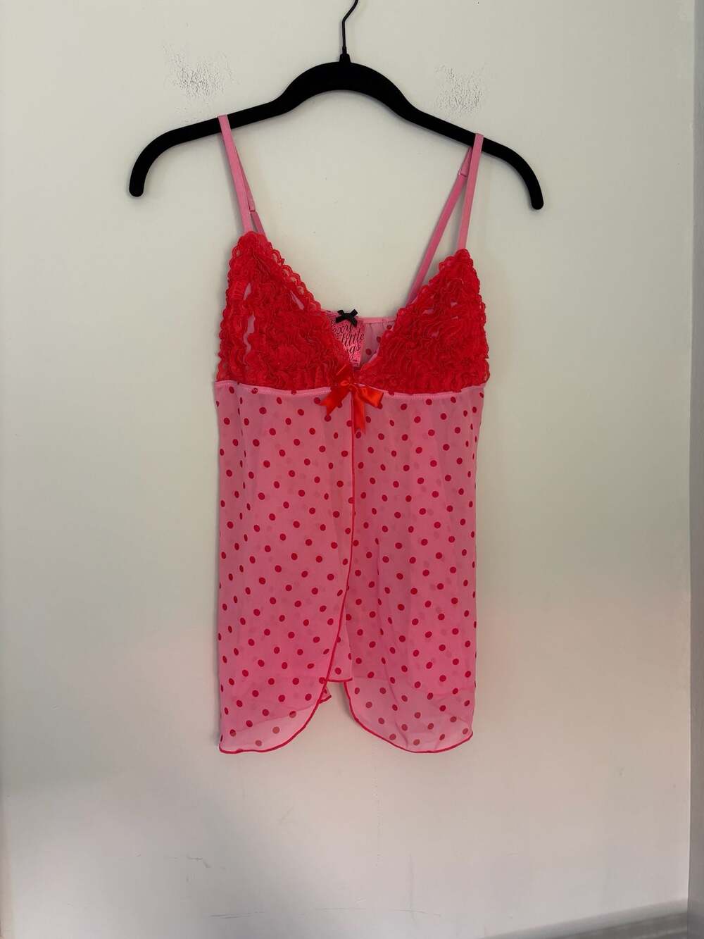 Victoria's Secret Y2K Pink and Red Polka Dot Ruffled Babydoll Lingerie 34B